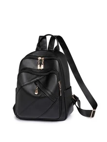 女士們時尚素色PU皮革後背包,大容量書包,木乃伊包,通勤者後背包 - 黑色 - 查看 2