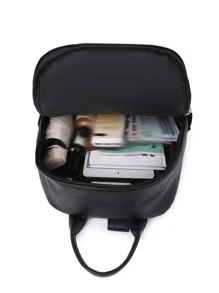 女士們時尚素色PU皮革後背包,大容量書包,木乃伊包,通勤者後背包 - 黑色 - 查看 5