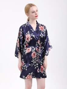 Navy Blue Short Printed Robe - Navy Blue - View 2