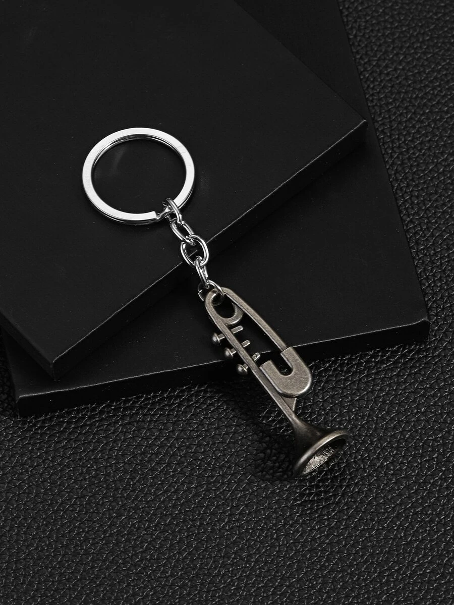 1pc Fashionable Vintage 3d Trumpet Shaped Personalized Men's Keychain Pendant - Silver - View 1