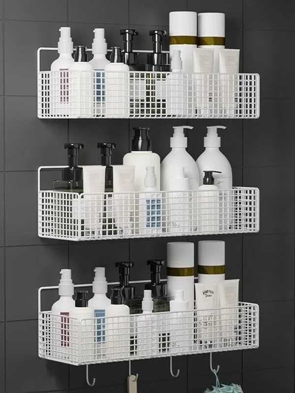 1pc Iron Storage Rack With Hook, Multifunctional White No Perforation Wall Mounted Corner Storage Rack For Bathroom