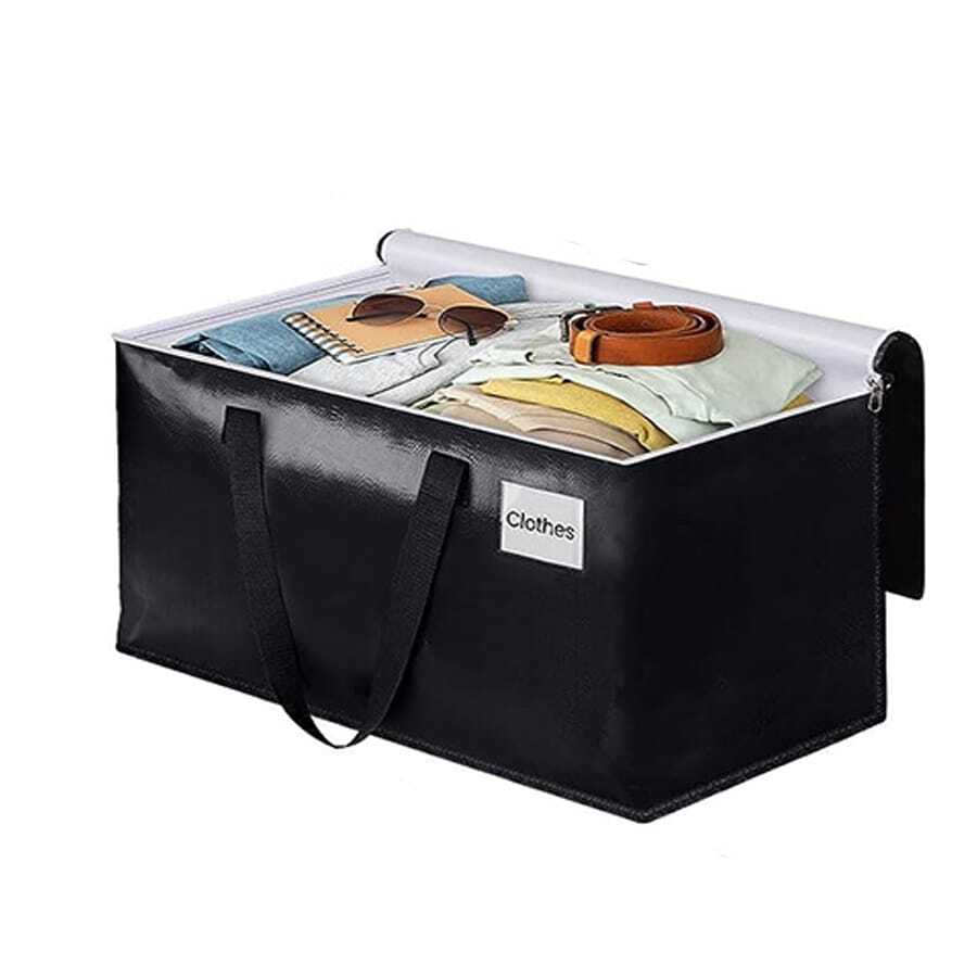 1pc Large Capacity Moving Clothes Storage Bag, Foldable Top Zippered Durable Handle Space-saving Pe Woven Organizer - Black - View 1
