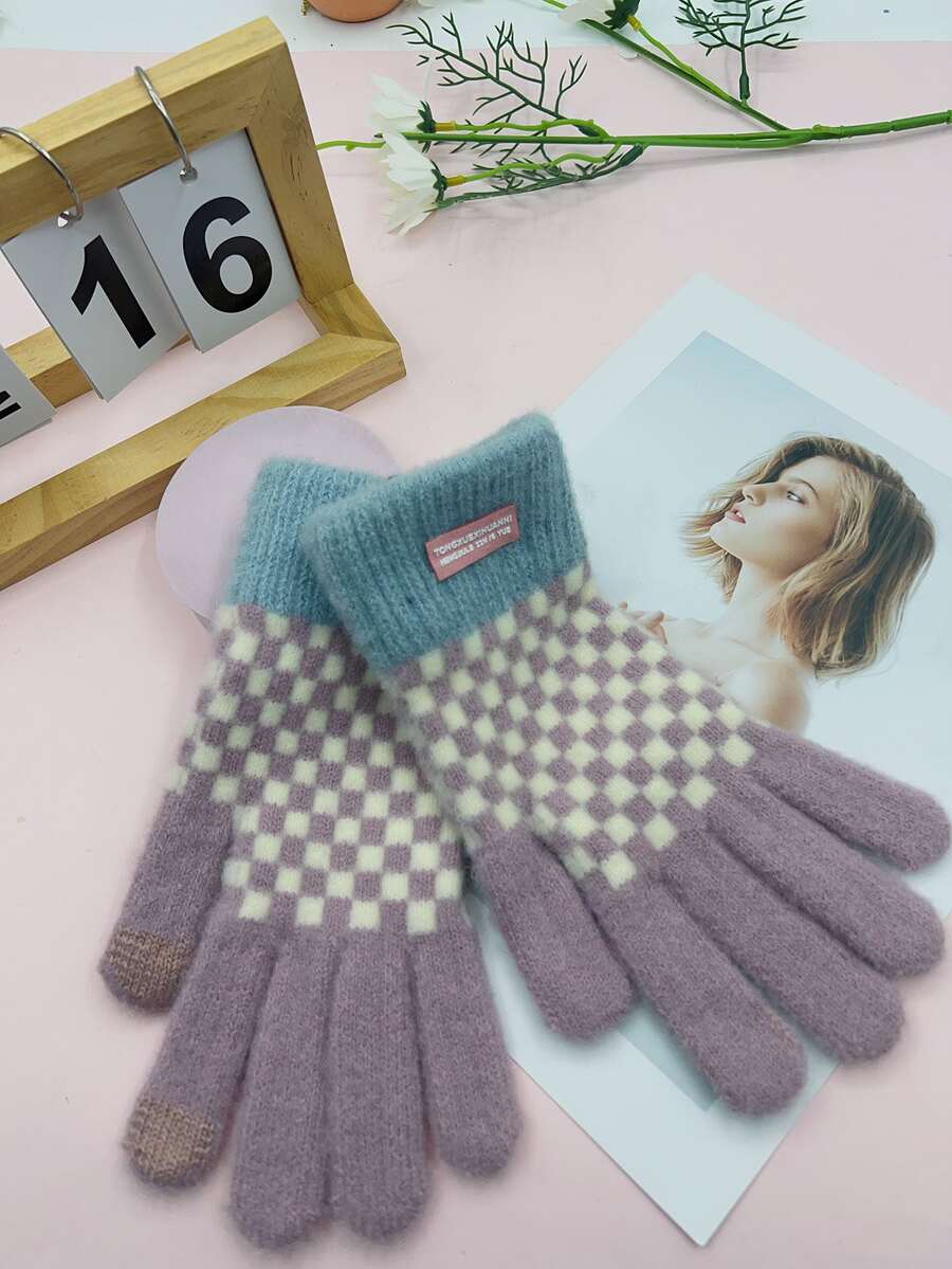 Plaid Full Finger Gloves For Autumn And Winter - Violet Purple - View 1