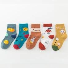 5双/套男女款可爱卡通兔子、蔬菜、蘑菇图案中筒袜，黄色。适合秋季和春季。适合幼儿、婴儿、女孩和小学生。四季皆宜。 - 彩色 - 查看 4