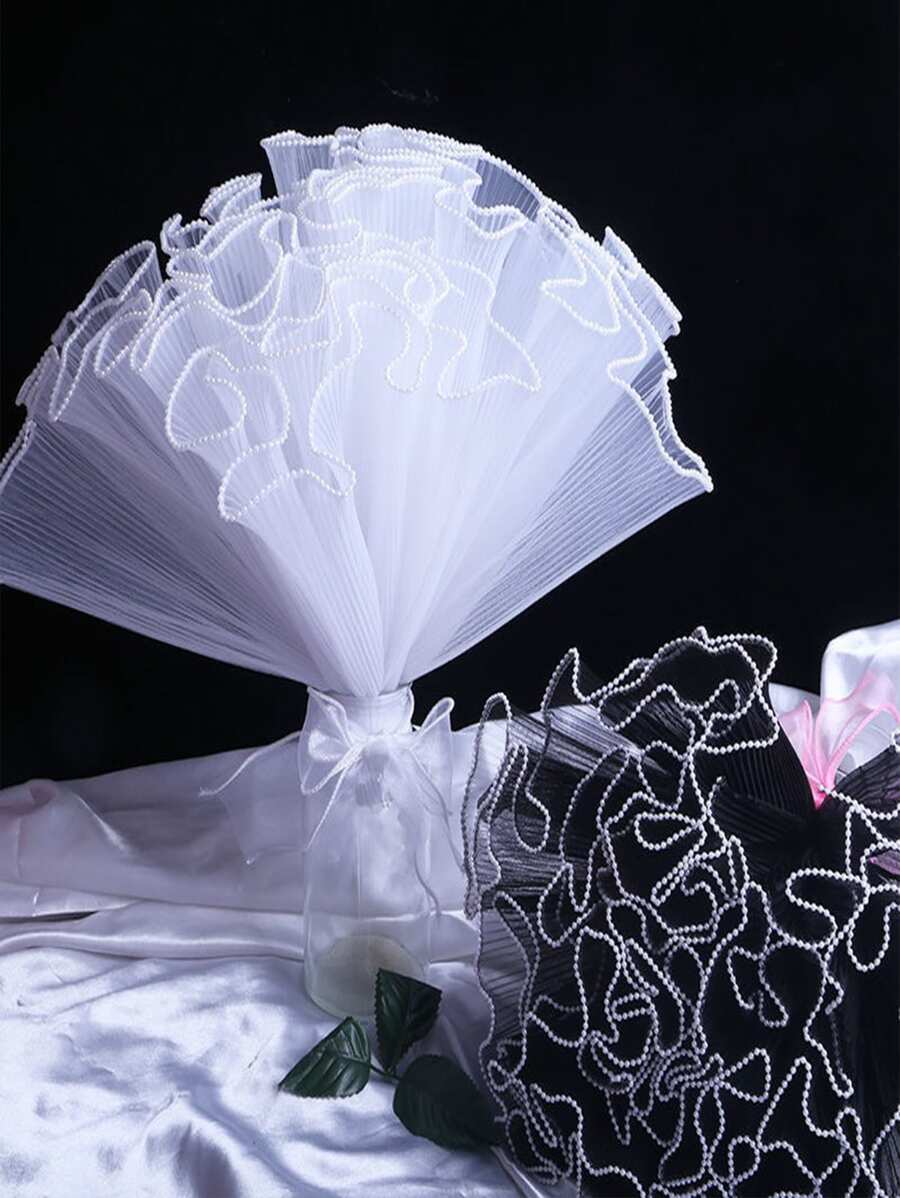 1pc Wave Gauze Flower Wrapping Paper, Pearl Mesh Ribbon, Rose Bouquet