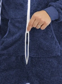 男士加厚法蘭絨連帽連身褲適用於秋天和冬天,家庭服裝,睡衣連身褲 - 寶藍色 - 查看 5