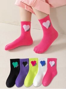 5pairs/10pairs Girls Heart & Letter Pattern Socks, Fuchsia, Purple, Fluorescent Yellow, White, Pink, Suitable For Casual/Sports Shoes, Back To School, Students, Autumn/Winter - Multicolor - View 2