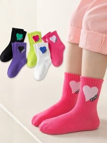 5pairs/10pairs Girls Heart & Letter Pattern Socks, Fuchsia, Purple, Fluorescent Yellow, White, Pink, Suitable For Casual/Sports Shoes, Back To School, Students, Autumn/Winter - Multicolor - View 7