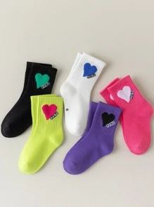 5pairs/10pairs Girls Heart & Letter Pattern Socks, Fuchsia, Purple, Fluorescent Yellow, White, Pink, Suitable For Casual/Sports Shoes, Back To School, Students, Autumn/Winter - Multicolor - View 5
