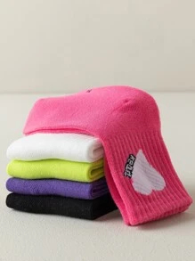 5pairs/10pairs Girls Heart & Letter Pattern Socks, Fuchsia, Purple, Fluorescent Yellow, White, Pink, Suitable For Casual/Sports Shoes, Back To School, Students, Autumn/Winter - Multicolor - View 6