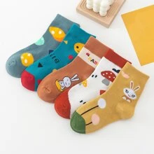 5双/套男女款可爱卡通兔子、蔬菜、蘑菇图案中筒袜，黄色。适合秋季和春季。适合幼儿、婴儿、女孩和小学生。四季皆宜。 - 彩色 - 查看 1