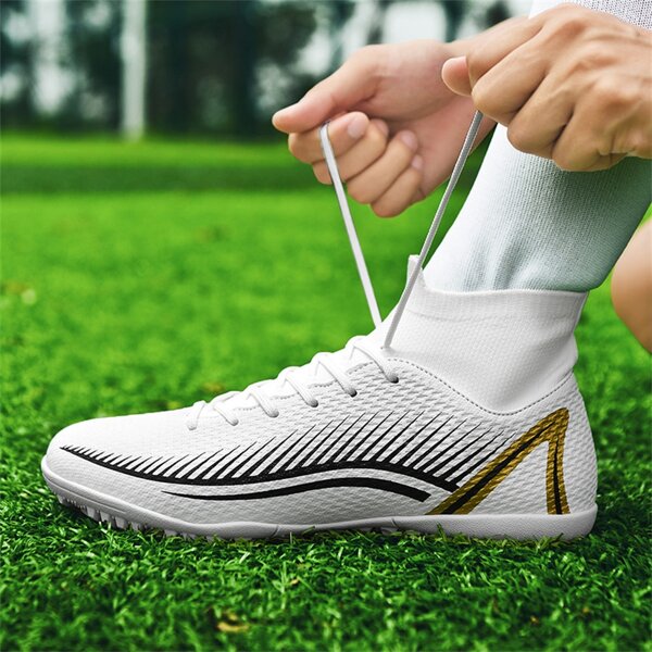 1pair Men's Breathable Graffiti Pattern Pu High Top Outdoor Soccer Shoes With Front Lacing And Cleats Ronaldo