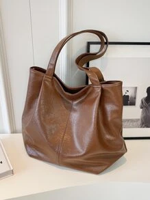 女士復古簡約手提包,大容量肩背包 - 咖啡棕 - 查看 5