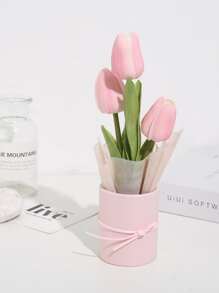 1 Conjunto de Buquê de Tulipas Artificiais Incluindo Balde de Plástico, Papel de Embrulho e 3 Tulipas, Novo Mini Balde Abraçando Tulipas, Caixa de Flores Pequena, Adequado para Presentes de Mãe, Dia da Mãe, Dia dos Namorados, Aniversário, Buquê para Segurar, Decoração de Mesa de Jantar em Casa, Presente de Aniversário para Mulheres, Dia dos Namorados, Presente - Rosa chiclete - Visão 1