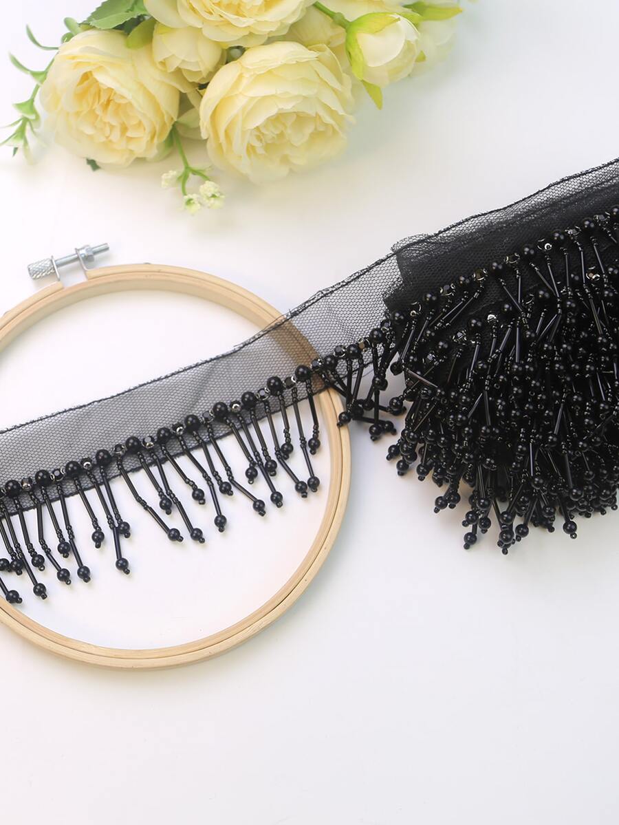 Đính cườm Ren Lưới Đáy Kết Nối Hai Mặt Ngọc Trai Giả Chuỗi Hạt Tự Làm Phụ Kiện Trang Phục/Chiều Dài: 530cm/Chiều Rộng: 6cm - màu đen - Xem 1