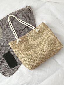 1pc Women's Large Capacity Woven Straw Tote Bag With Vacation Style - Khaki - View 4