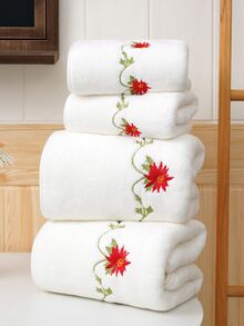 1pc Polyester Embroidery Flower Bath Towel/Large Face Towel/Hand Towel, Home Decor, Suitable For Homes, Bathrooms, Travel, Couples, Holiday Celebrations - White - View 4