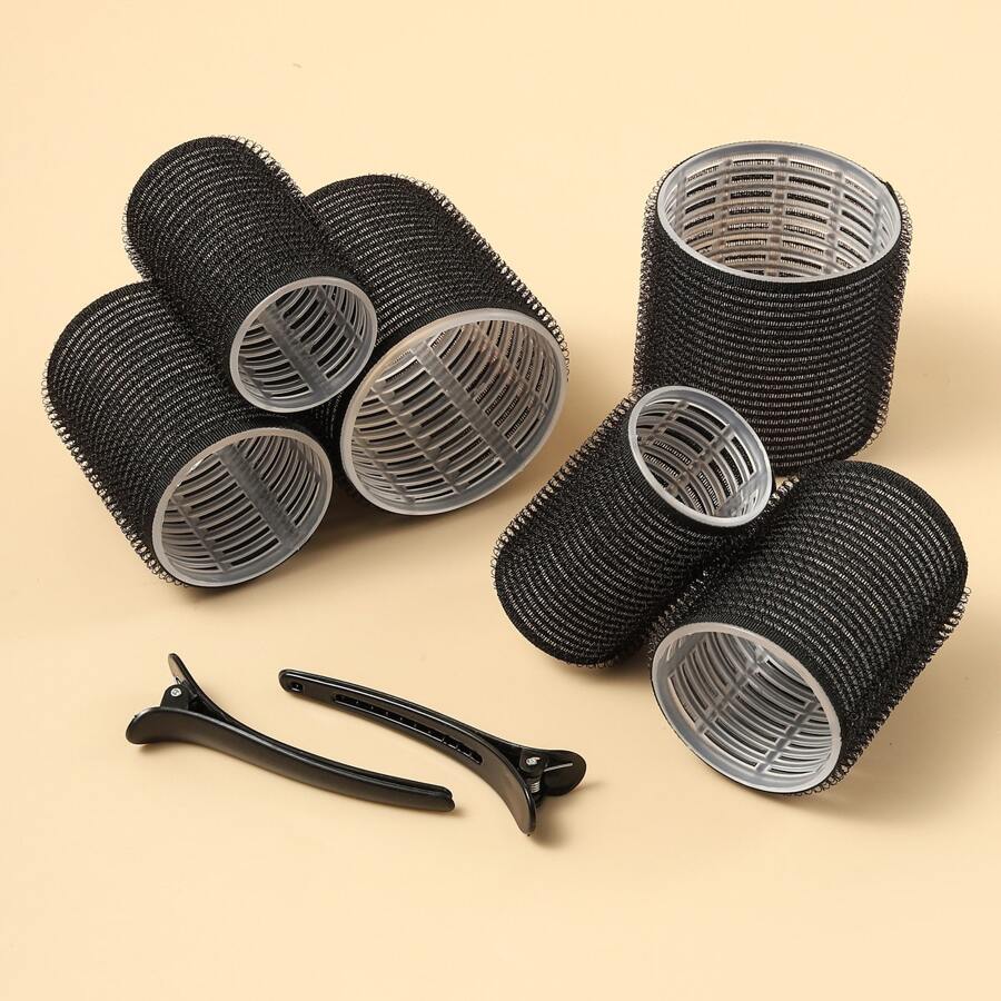 8 件/套自粘式大、中、小号卷发器套装，带夹子，适用于长发、中发和短发，无热 DIY 美发工具，自粘卷发器，自握卷发器 - 黑色 - 查看 1