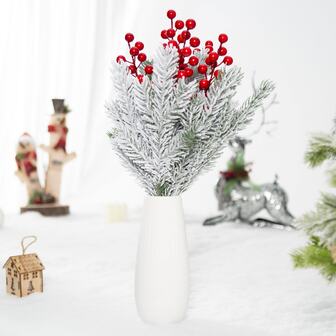 12入組紅莓毛絨聖誕樹枝, Pe人造聖誕樹裝飾物,適用於冬季假日家居插花裝飾,盒裝禮品