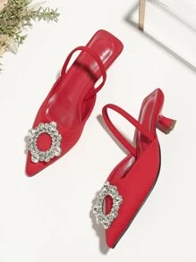 女款玻璃鑽扣尖頭踝帶高跟鞋,閉趾設計 - 紅色 - 查看 3