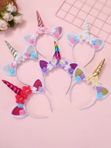 1pc Children's Unicorn Flower & Cat Ear Headband, Performance Props Headwear - Multicolor - View 1