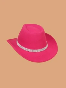 1頂[玫瑰紅色]經典西部風格牛仔帽-中性鑲嵌皮帶羊毛呢帽-適用於派對和節日! - 玫紅色 - 查看 4