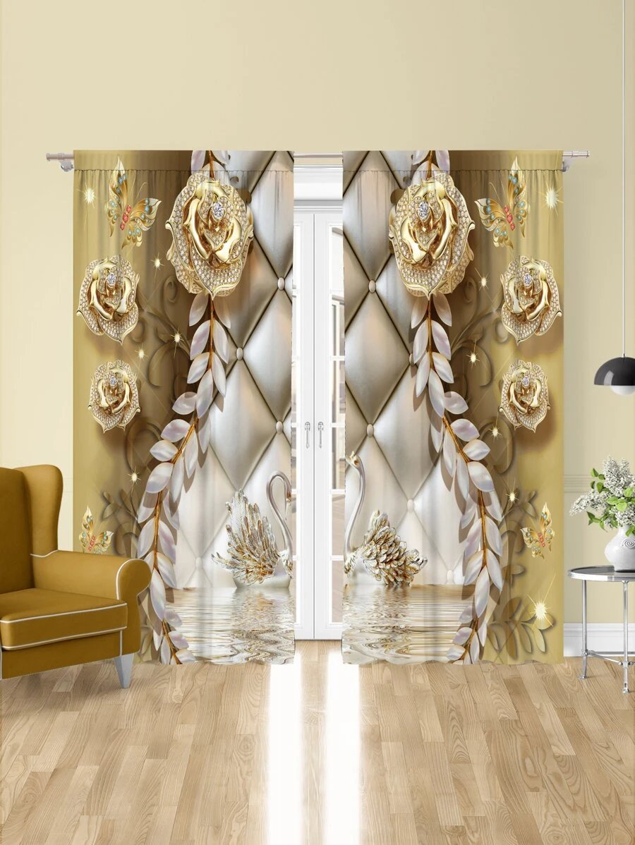 2pcs Gold Swan Shaped Decorative Rod Pocket Window Curtains For Home - Multicolor - View 1
