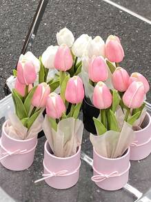 1 Conjunto de Buquê de Tulipas Artificiais Incluindo Balde de Plástico, Papel de Embrulho e 3 Tulipas, Novo Mini Balde Abraçando Tulipas, Caixa de Flores Pequena, Adequado para Presentes de Mãe, Dia da Mãe, Dia dos Namorados, Aniversário, Buquê para Segurar, Decoração de Mesa de Jantar em Casa, Presente de Aniversário para Mulheres, Dia dos Namorados, Presente - Rosa chiclete - Visão 9