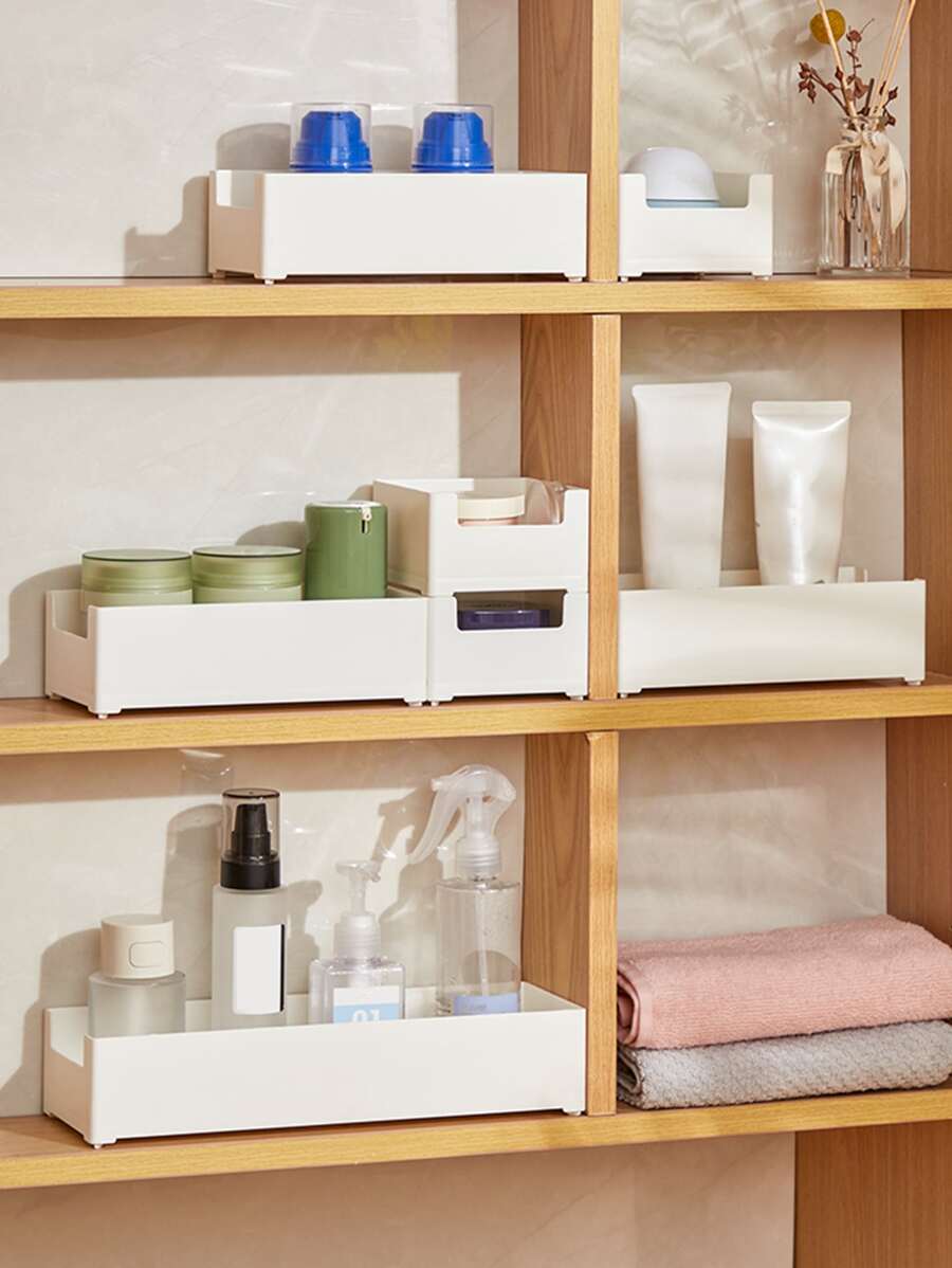 1pc Minimalist Stackable Bathroom Cosmetic Organizer Stand For Makeup, Skincare, Lipstick, Eyeshadow, Desk Decoration For Dorm Room, Storage Box For Face Mask - White - View 1