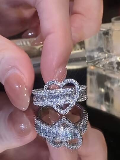 1pc Super Shiny Micro Inlaid Heart Shaped Ring For Women, Personalized Open Ended Ring, Suitable For Index Finger, Delicate Design, Wedding Or Engagement Gift Valentines,Mom,Mother,Mother's Day,Gift