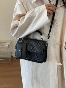 时尚翻盖封口手提包，带字母印花和卡夹，时尚压花斜挎包，时尚 PU 皮革单肩包，女士休闲翻盖手提包，钱包