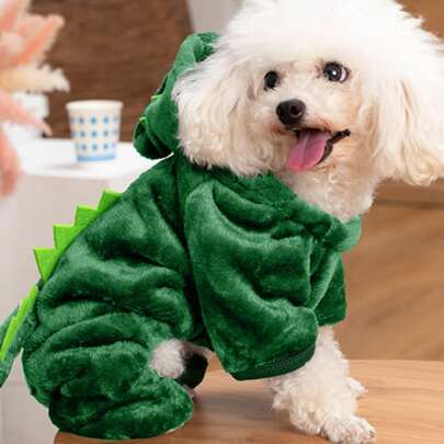 1pc Coral Fleece Cartoon Dinosaur Hooded Pet Costume For Small Pets, Daily Wear & Warm-Keeping