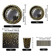50 Piezas/set Polka Dot Patron Desechable Plato & Taza & Pajita & Servilleta De Cena - Negro - Ver 4