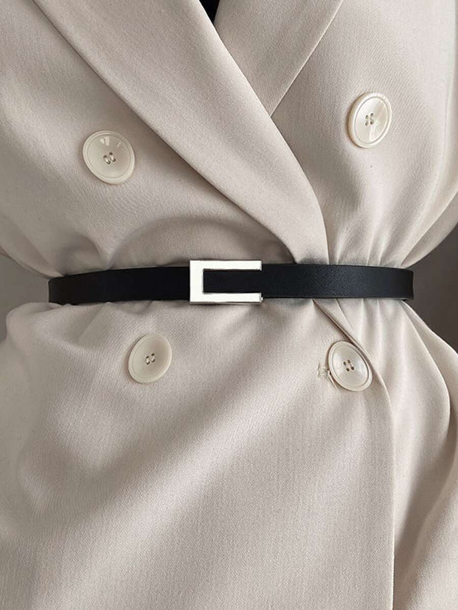 1pc Women's Simple & Versatile Pu Skinny Belt With Buckle, For Suit Dress & Waist Decoration Summer, School Fall, Autumn, Halloween - Black - View 1