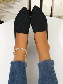 女性新潮透氣平底針織尖頭軟底休閒鞋,防滑舒服的設計合適的辦公工作 - 黑色 - 查看 6