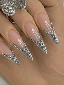 24 Piezas De Uñas Postizas Con Forma De Almendra Larga Y Decoradas Con Diamantes De Imitación En Forma De Y. Incluye 1 Pegamento Tipo Jalea Y 1 Lima De Uñas. - Multicolor - Ver 1