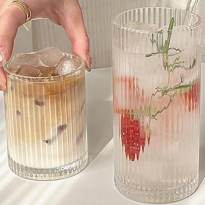 1pc Straight Vertical Striped Glass Cup Suitable For Coffee, Latte, Juice, Milk, Fruit Tea In Home