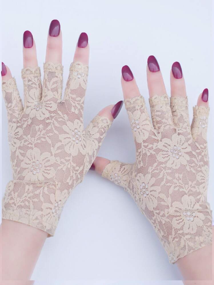 Lace Trim Half Finger Gloves For Women, Sexy Sheer Mesh Fingerless Gloves, Anti-Slip Driving Gloves, Elegant Black, Spring & Autumn Lace Half Finger Gloves For Women, Thin Breathable Elastic Black Gloves, Sexy Elegant, Spring & Autumn, Suitable For Driving & Cycling, Anti-Slip - Black - View 2