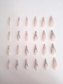 24 Piezas De Uñas Postizas Con Forma De Almendra Larga Y Decoradas Con Diamantes De Imitación En Forma De Y. Incluye 1 Pegamento Tipo Jalea Y 1 Lima De Uñas. - Multicolor - Ver 2