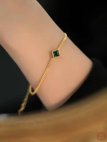 1入組S925純銀女性復古法式綠色手環,宮廷風,日常百搭首飾類帶方晶鋯石