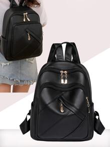 女士們時尚素色PU皮革後背包,大容量書包,木乃伊包,通勤者後背包 - 黑色 - 查看 1