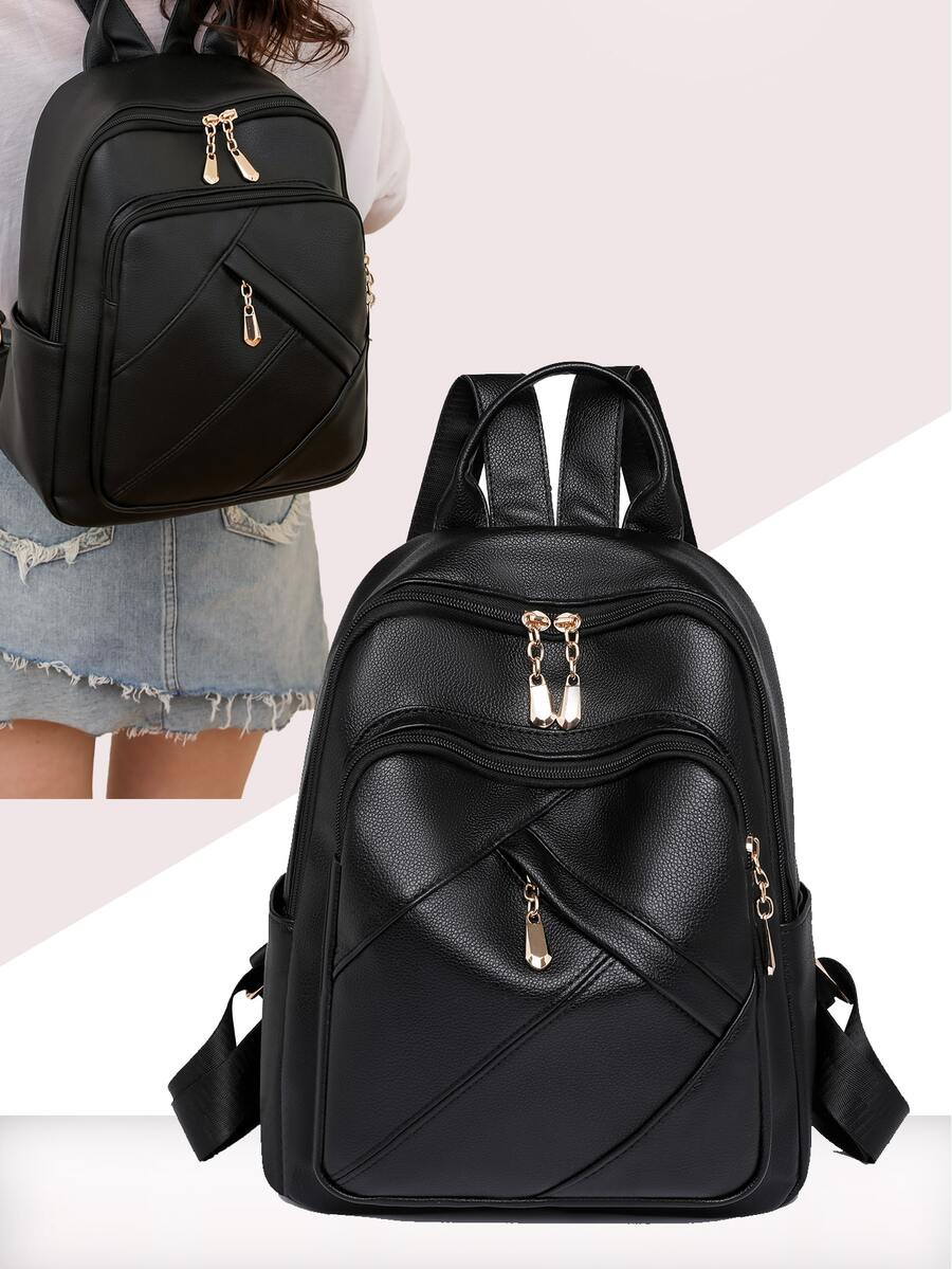 女士們時尚素色PU皮革後背包,大容量書包,木乃伊包,通勤者後背包 - 黑色 - 查看 1