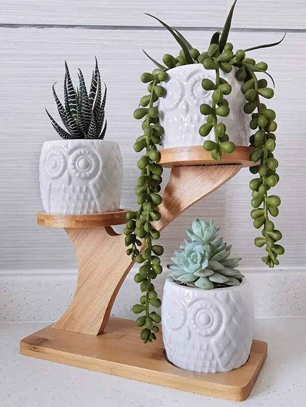 1pc Bamboo Flower Pot Stand Tray For Succulent Plants Decor