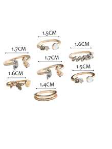 7pcs Loại bướm & Hình hoa Nhẫn Bộ Với Rhinestone Chi tiết Thanh lịch - Vàng - Xem 5