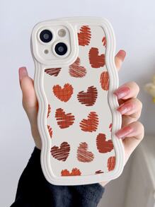 1pc Red Heart Pattern Anti-fall White Wavy Phone Case Compatible With Apple Phone - Multicolor - View 1
