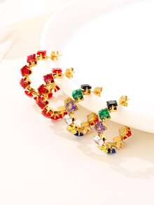 1套/9對不銹鋼金色時尚女士秋天耳釘帶水鑽裝飾 - 均碼 - 查看 5