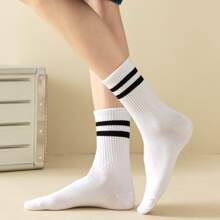 4 双女式白色条纹休闲运动舒适透气中筒袜，秋季 - 白色 - 查看 3