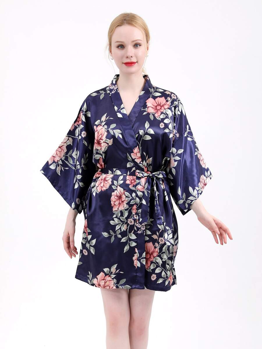 Navy Blue Short Printed Robe - Navy Blue - View 1