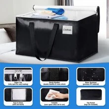 1pc Large Capacity Moving Clothes Storage Bag, Foldable Top Zippered Durable Handle Space-saving Pe Woven Organizer - Black - View 4