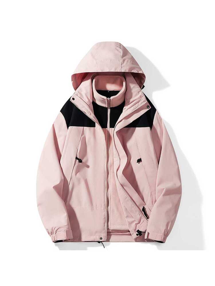 Women's Outdoor 3-In-1 Hooded Soft Shell Jacket With Thermal Lined, Lightweight And Comfortable For Outdoor Hiking, Winter, Skiing Pink